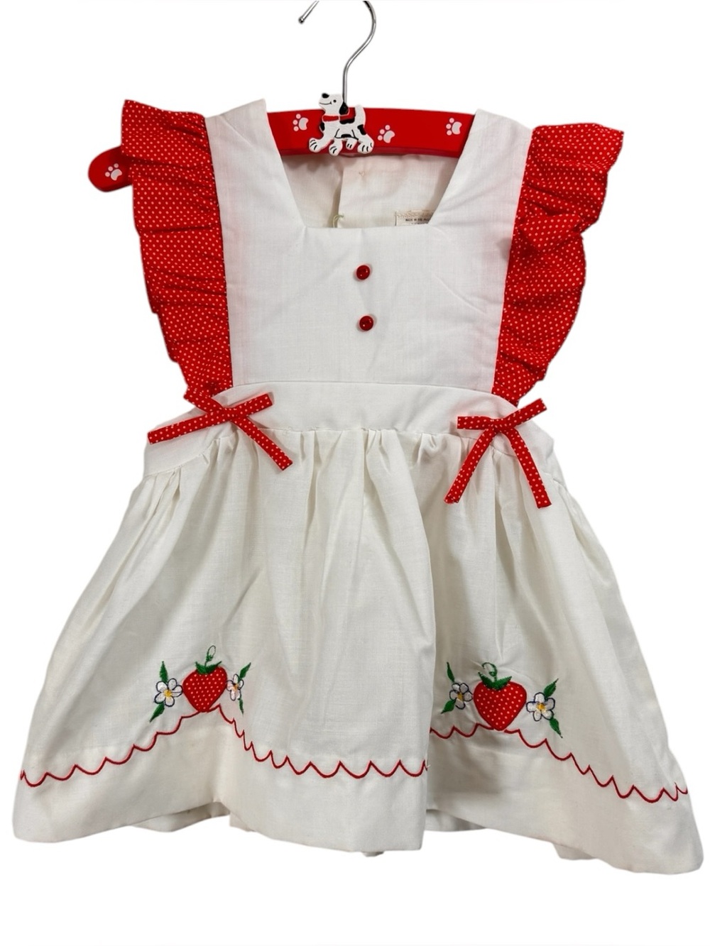 Vintage 4T Red Polka Dots Ruffle White Pinafore Strawberry Sun Dress Toddler